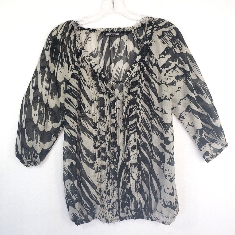 Express Blouse Womens Medium Top Black White Animal Print Sheer Tie Keyhole Neck